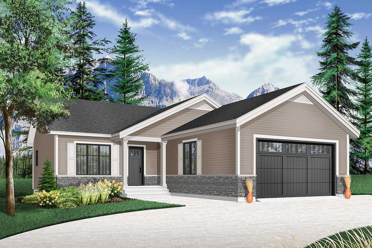 House plan exterior: Single-story Modern Farmhouse with covered entry, gabled dormers, and attached two-car garage.