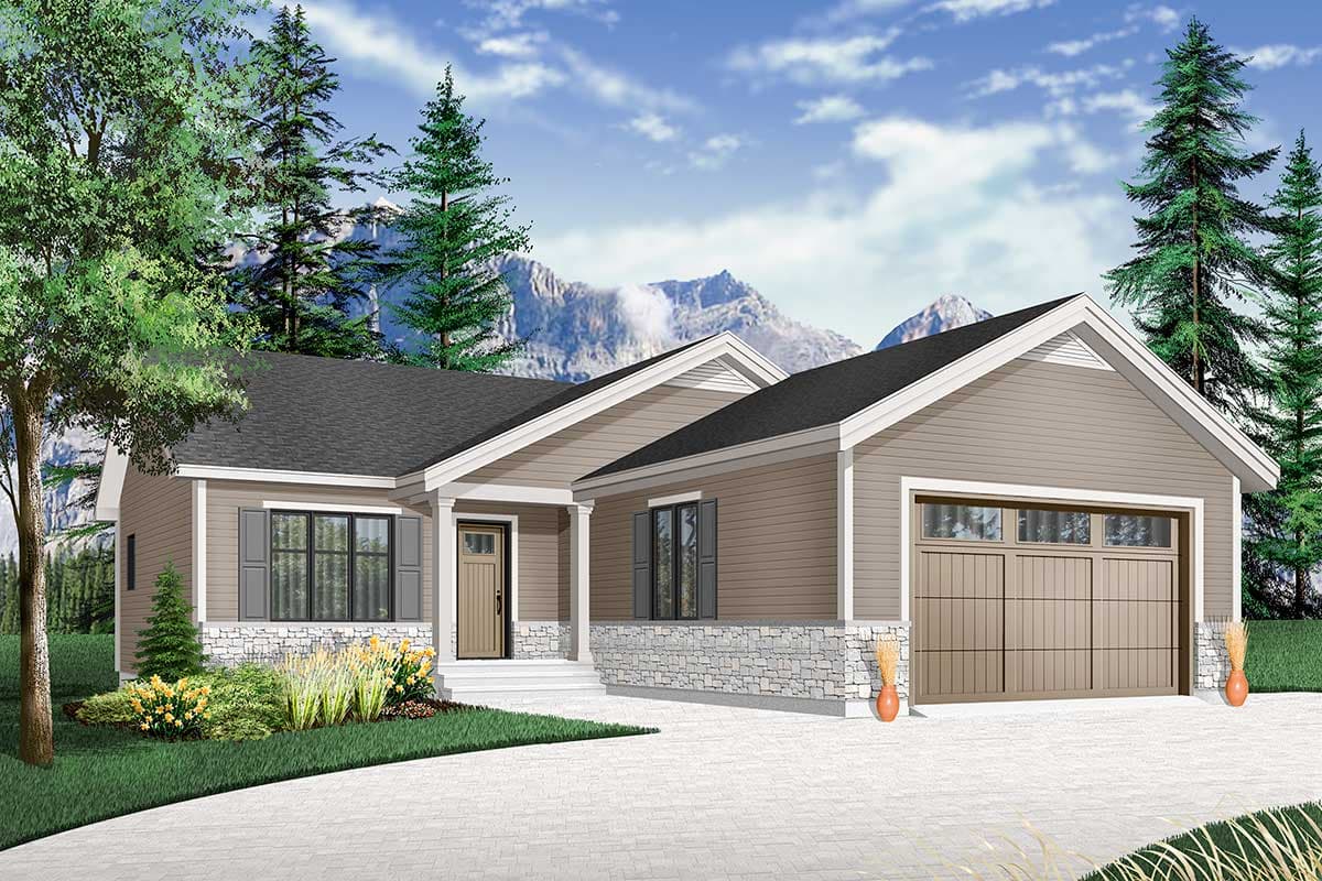 House plan exterior: Ranch style, one story, covered entry porch, gable rooflines, stone base, and attached garage.