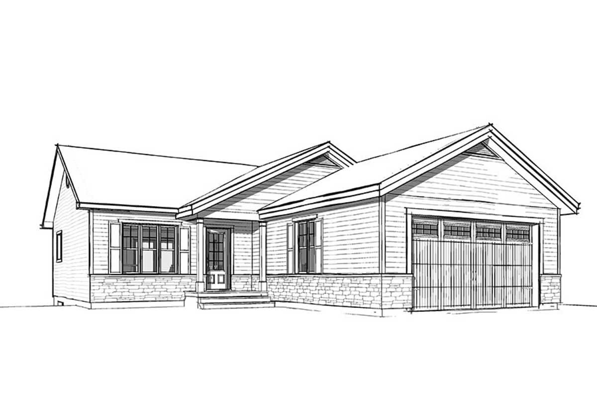 House plan exterior for a single-story home with a covered porch, gable rooflines, stone and clapboard siding, and an attached garage.