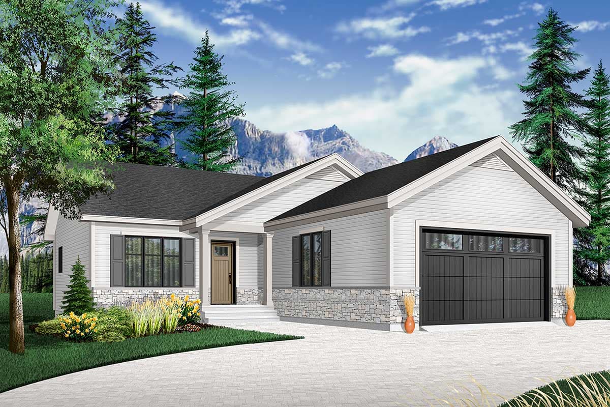 House plan exterior. Ranch style with a low-pitched roof, gabled rooflines, and an attached garage. Features include stone veneer and a covered entry.