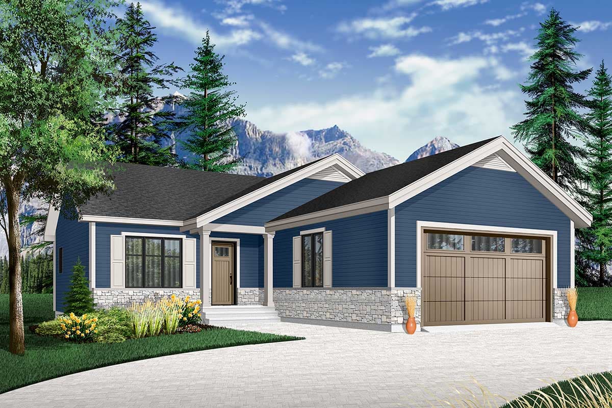 House plan exterior: Blue single-story home with stone accents, covered entry porch, and a two-car garage.