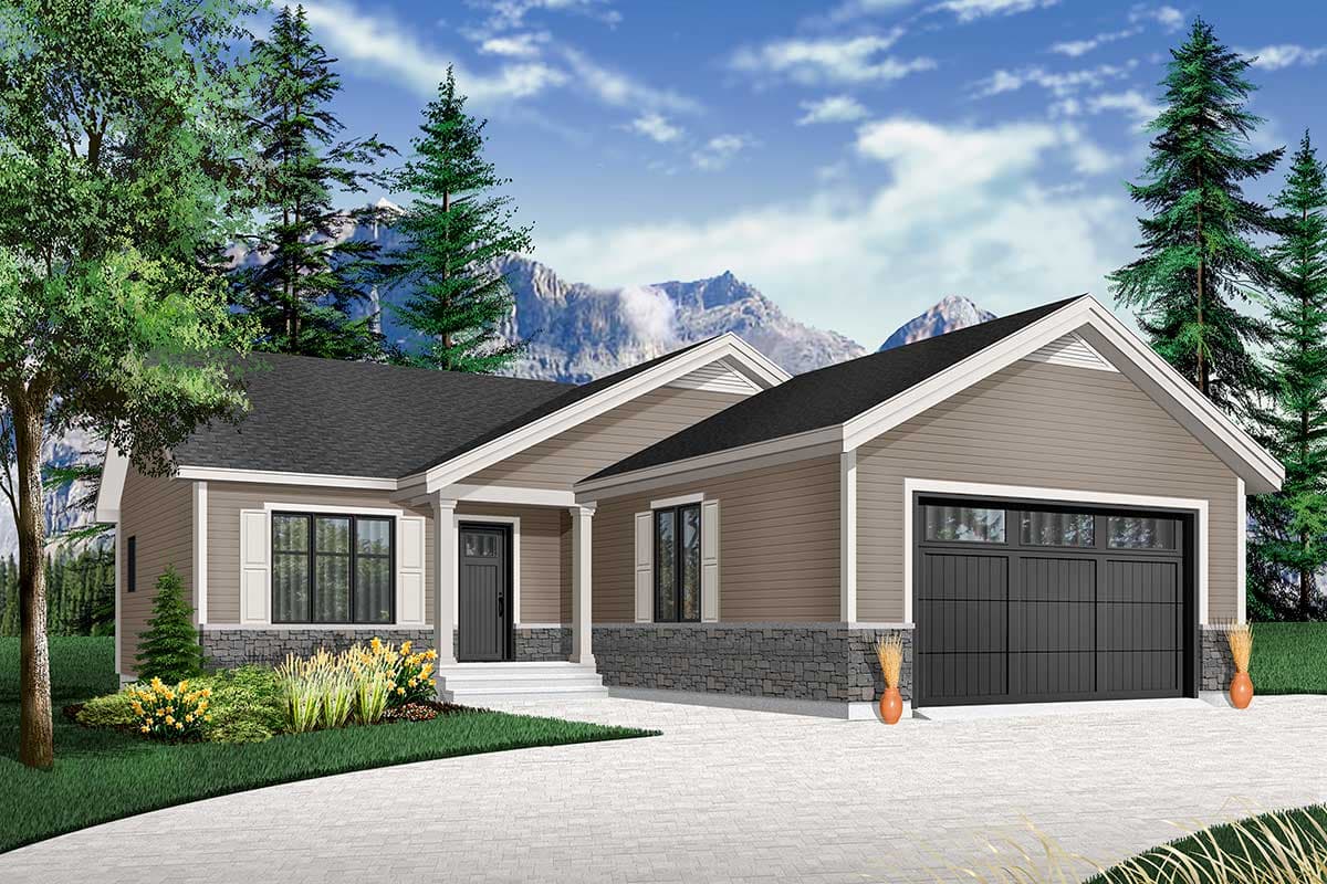 House plan exterior: Ranch style, one story, with a covered entry porch, stone wainscoting, and attached garage.