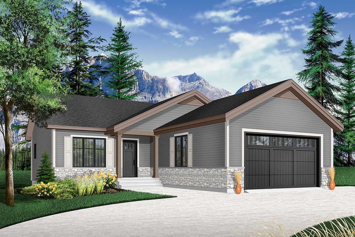House plan exterior: Ranch style, single-story home with prominent gables, a covered entry porch, and a two-car garage.