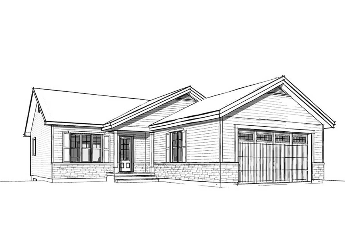 House plan exterior: Ranch style, single story with gabled roof, covered entry porch, double garage, stone and clapboard siding.