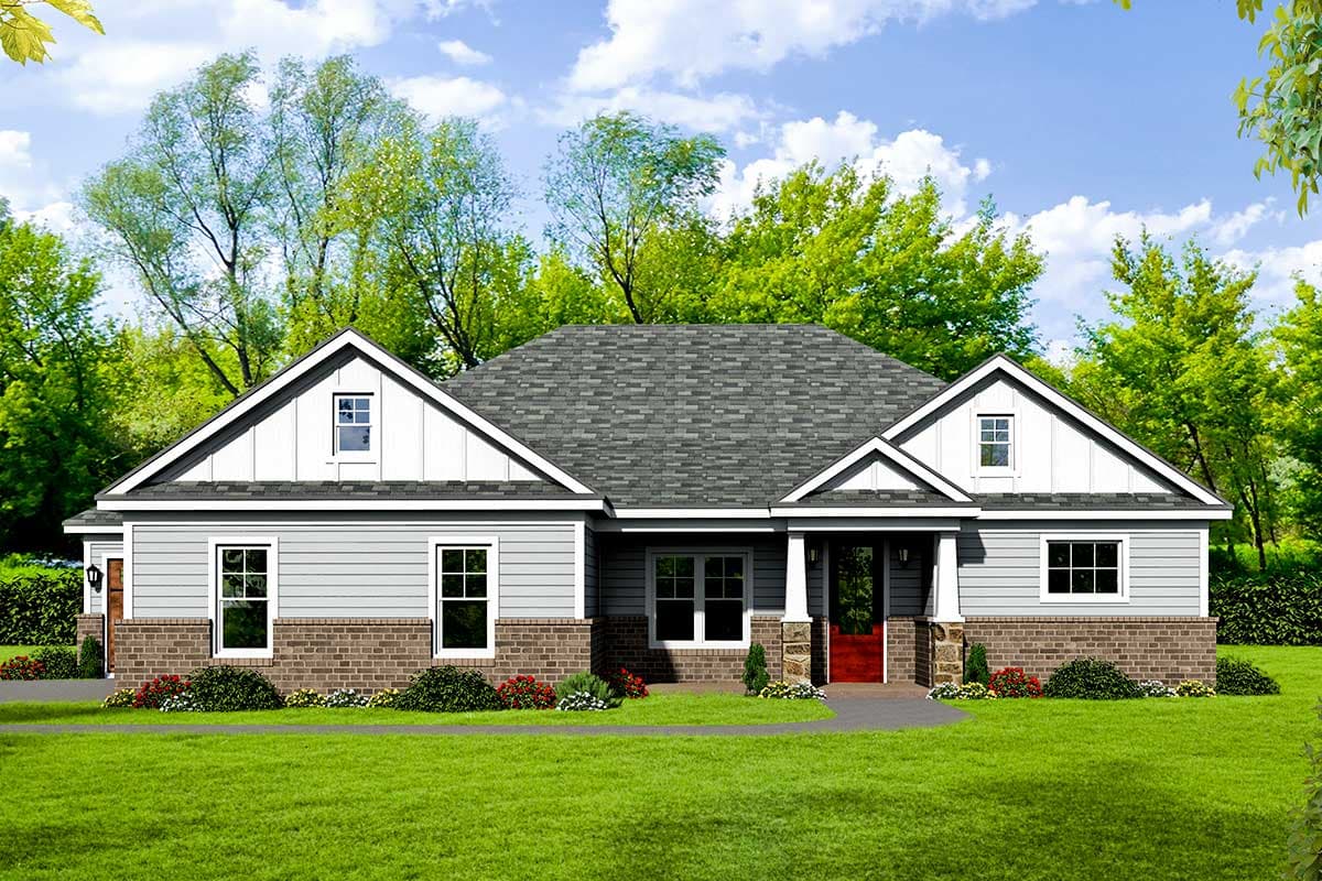 House plan exterior. Ranch style with gabled roof, dormers, and front porch. Features brick facade on the lower portion of the exterior walls.