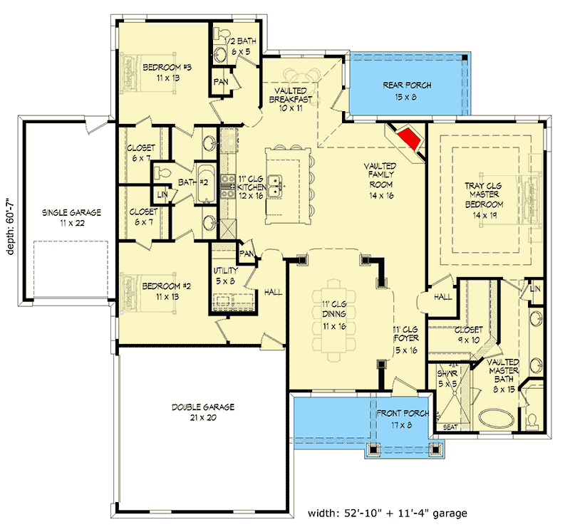 Plan 68535VR: 3-Bed House Plan with Vaulted Living Room and 2 Garages - Floor Plan - Main Level - Ranch, Traditional