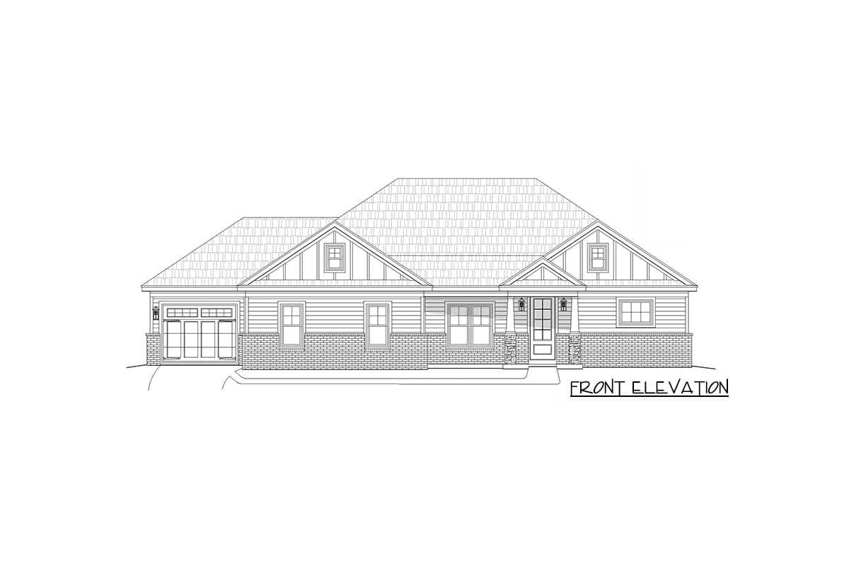 Front elevation house plan with gabled dormers, board and batten siding, and a two-car garage.