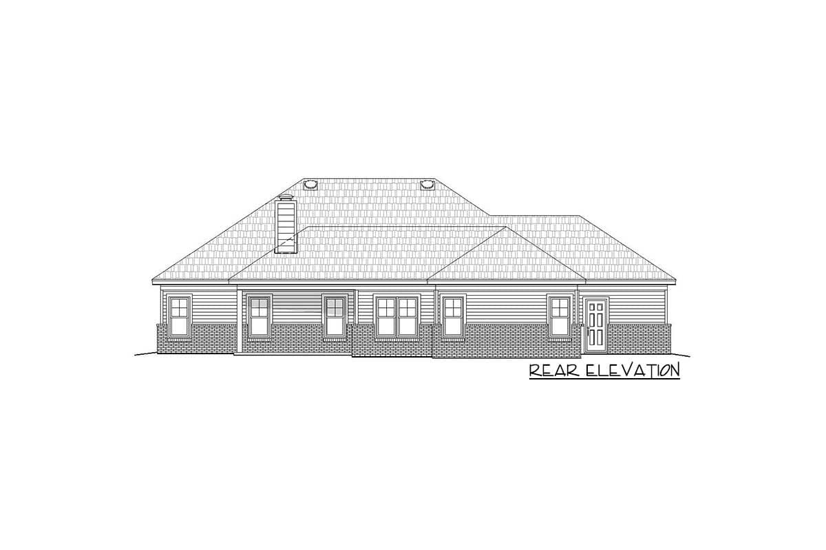 Rear elevation drawing of a single-story house with hip roof, brick foundation, and multiple windows and doors.