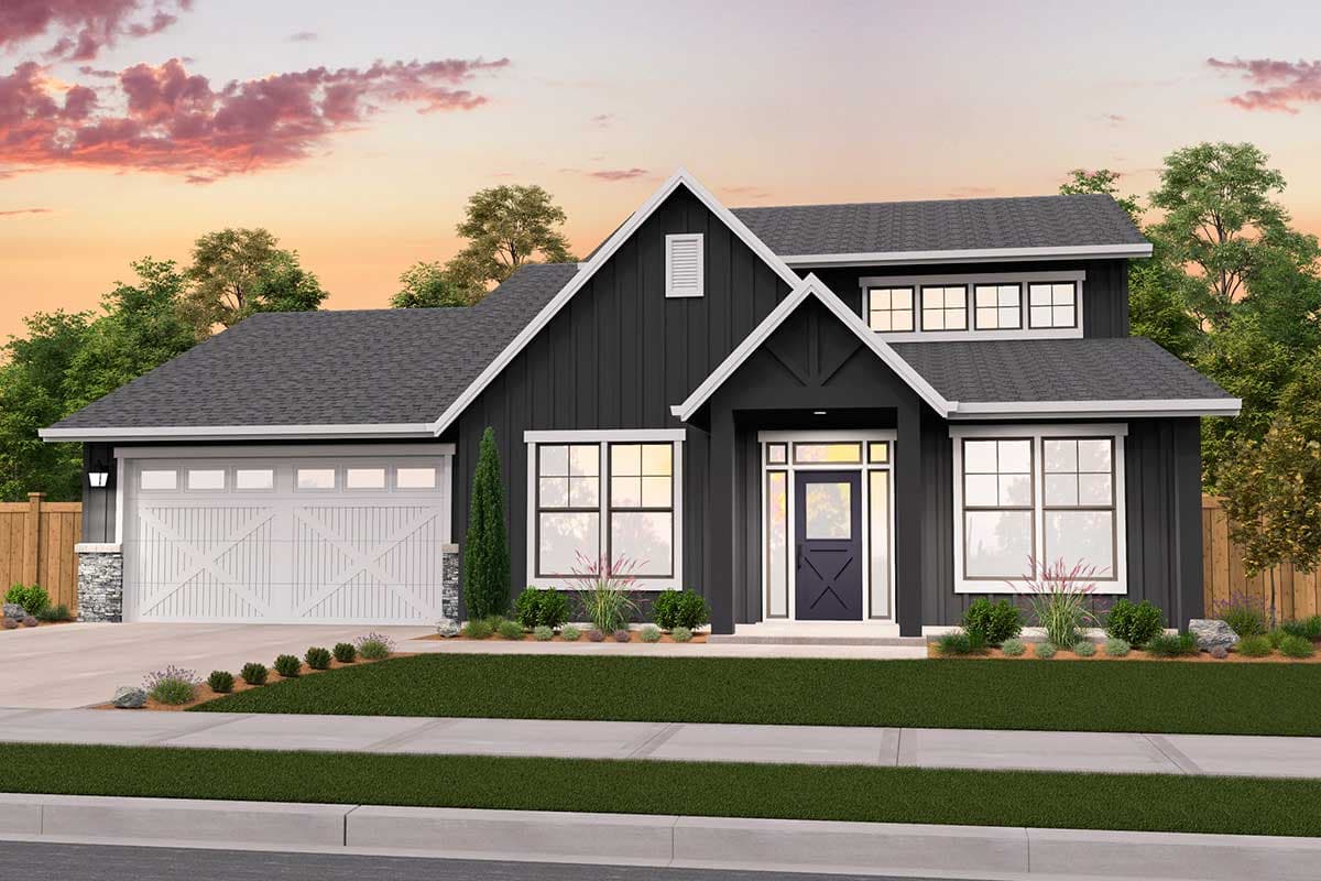 Modern Farmhouse house plan exterior with two stories, a side-entry garage, prominent gables, and board-and-batten siding.