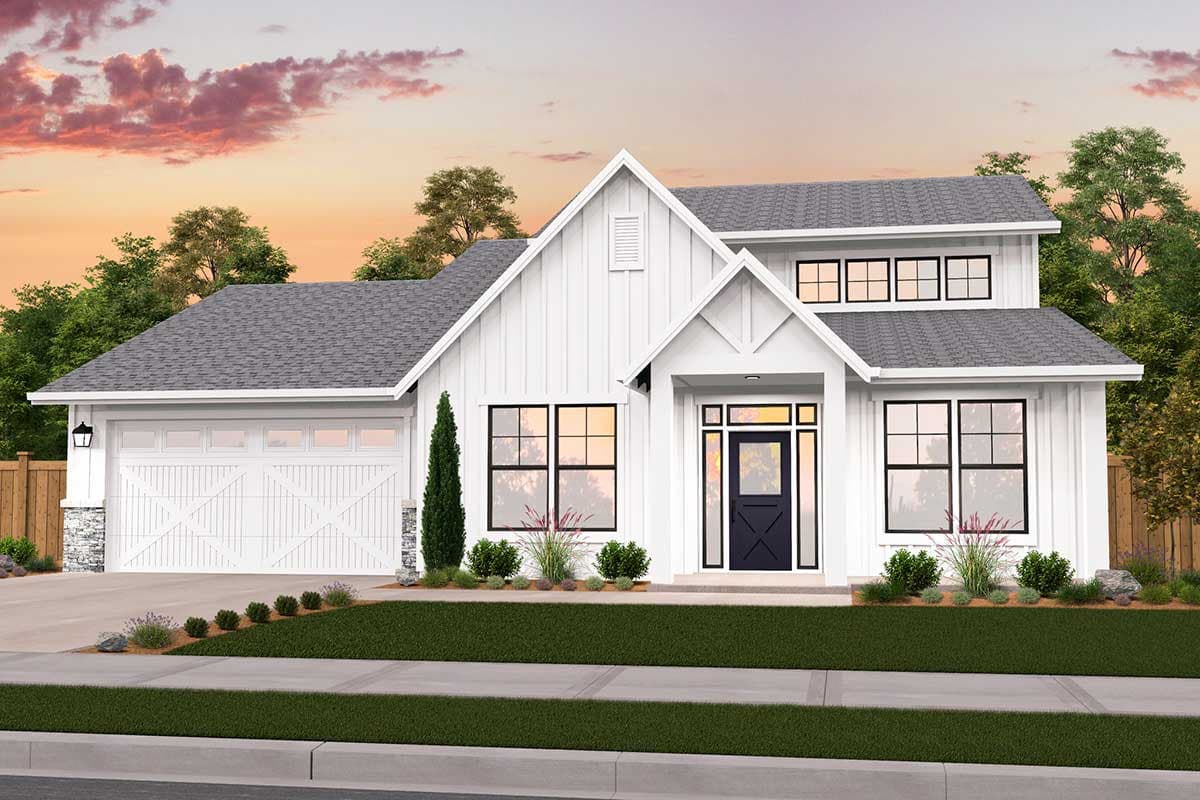 Modern Farmhouse house plan exterior with a two-car garage, gable rooflines, and a prominent front entrance with sidelights.