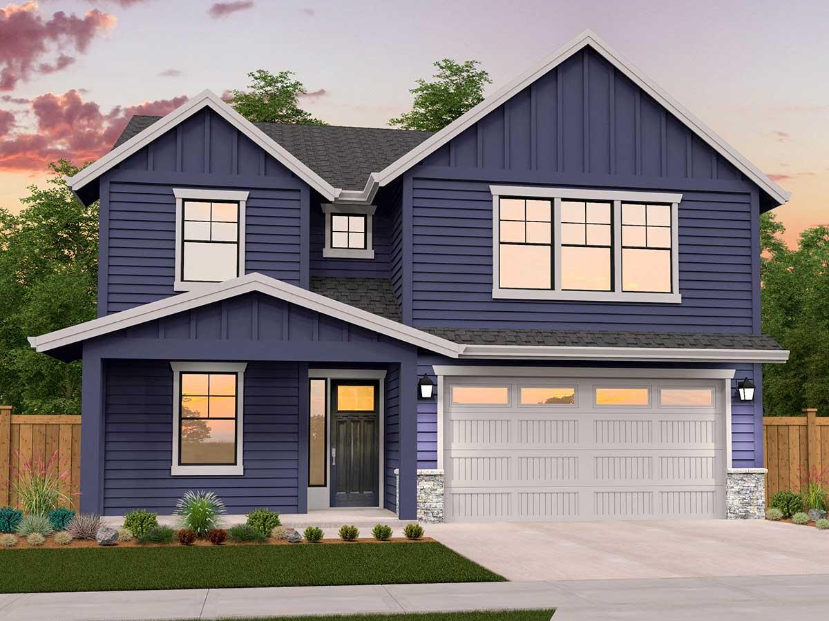 House plan exterior with two stories, board and batten siding, gable roof, and attached garage. Includes a covered entry and decorative window trim.