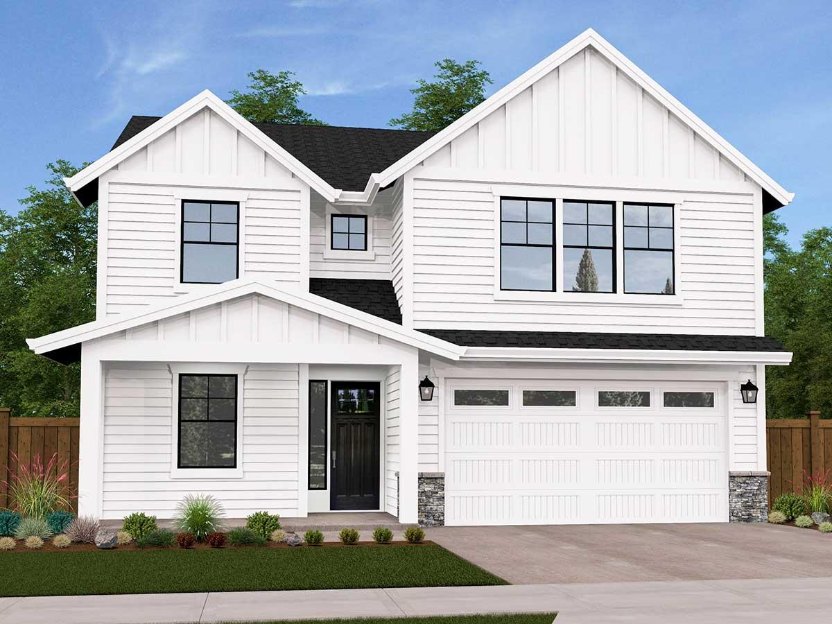 Modern Farmhouse house plan exterior, two stories, prominent gables, covered entry porch, and attached garage with stone accents.