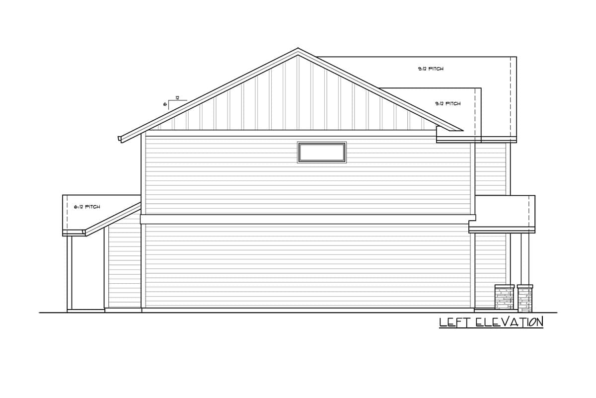 Left elevation house plan with two stories, varying roof pitches, siding, and a covered entry.