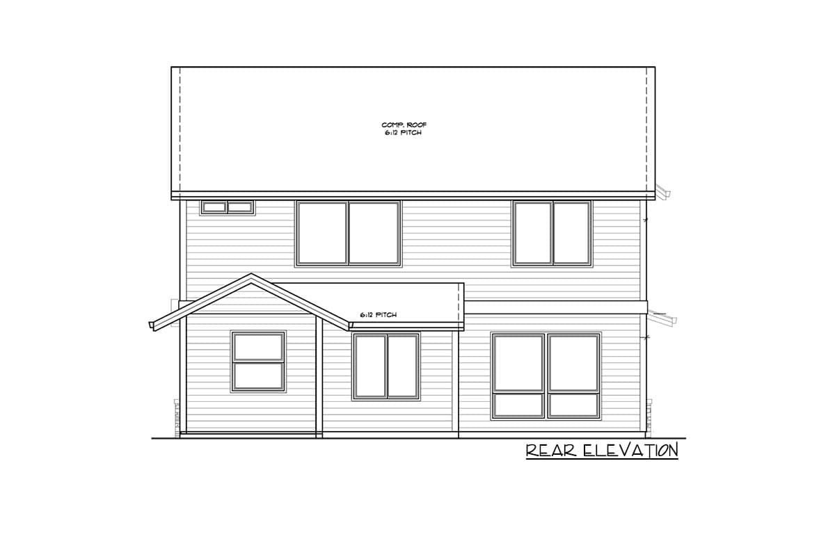 Rear elevation drawing of a two-story house plan with horizontal siding, a gable roof over the entrance, and multiple windows.