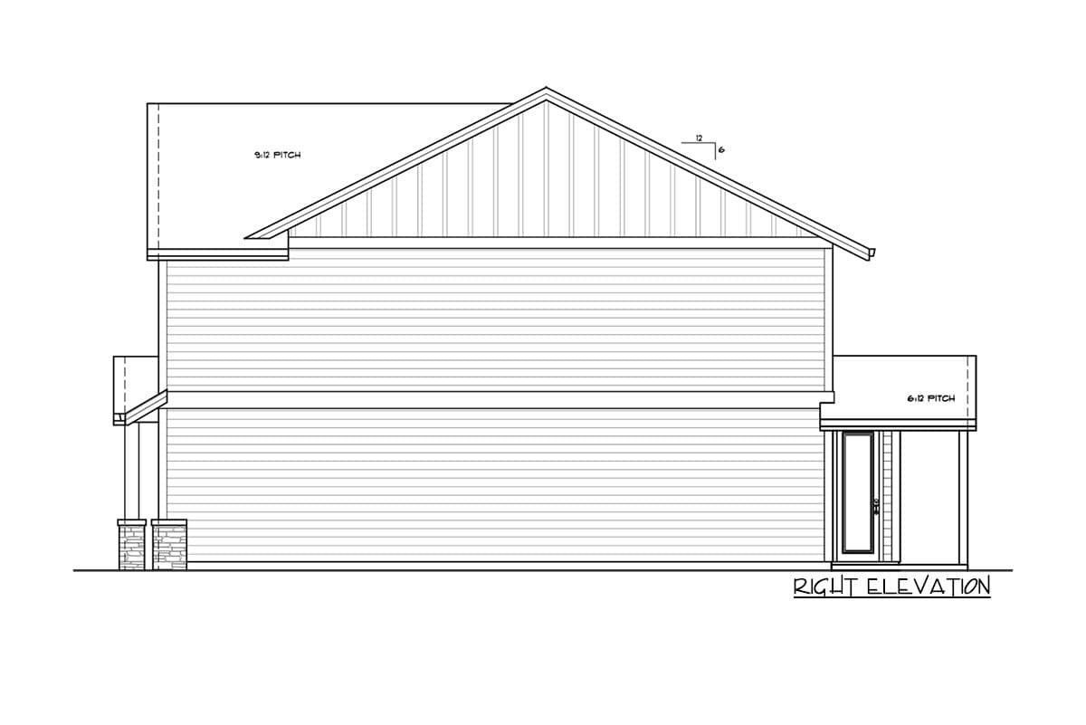 Right elevation house plan with two stories, gabled roof with 9:12 pitch, and covered entry with 6:12 pitch.