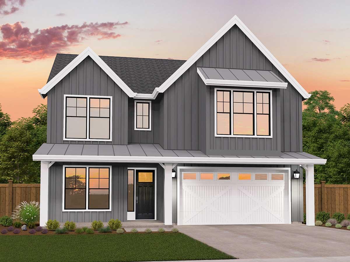 House plan exterior. Two-story Modern Farmhouse with gables, a covered porch, and a side-entry garage. Features include board and batten siding.