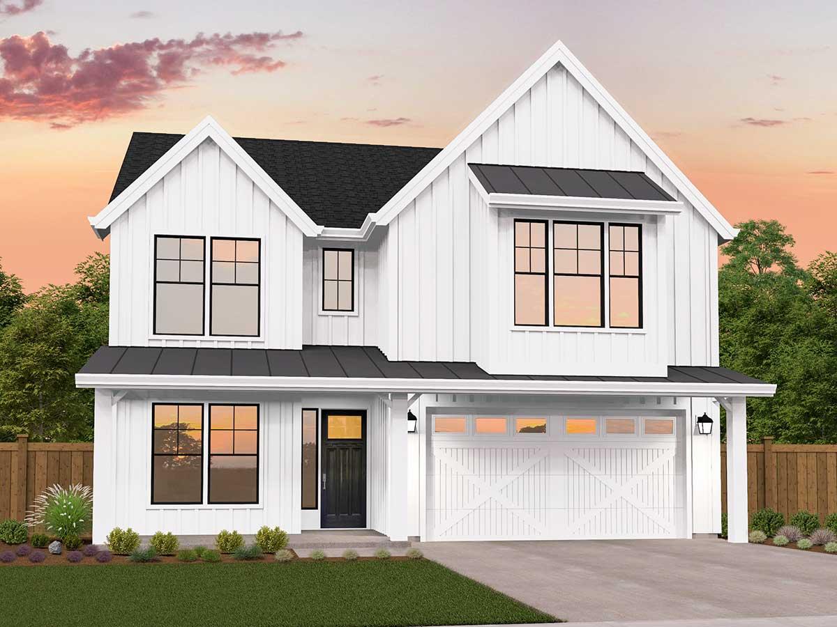 Modern farmhouse style house plan exterior with board and batten siding, gables, metal roof accents, and a two-car garage.