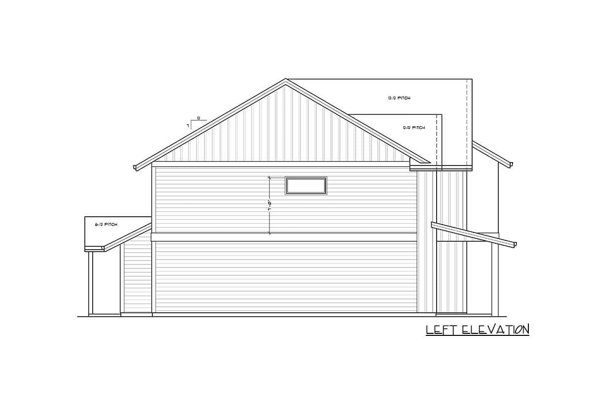 Left elevation house plan showing siding, varied roof pitches, and a small upper window.