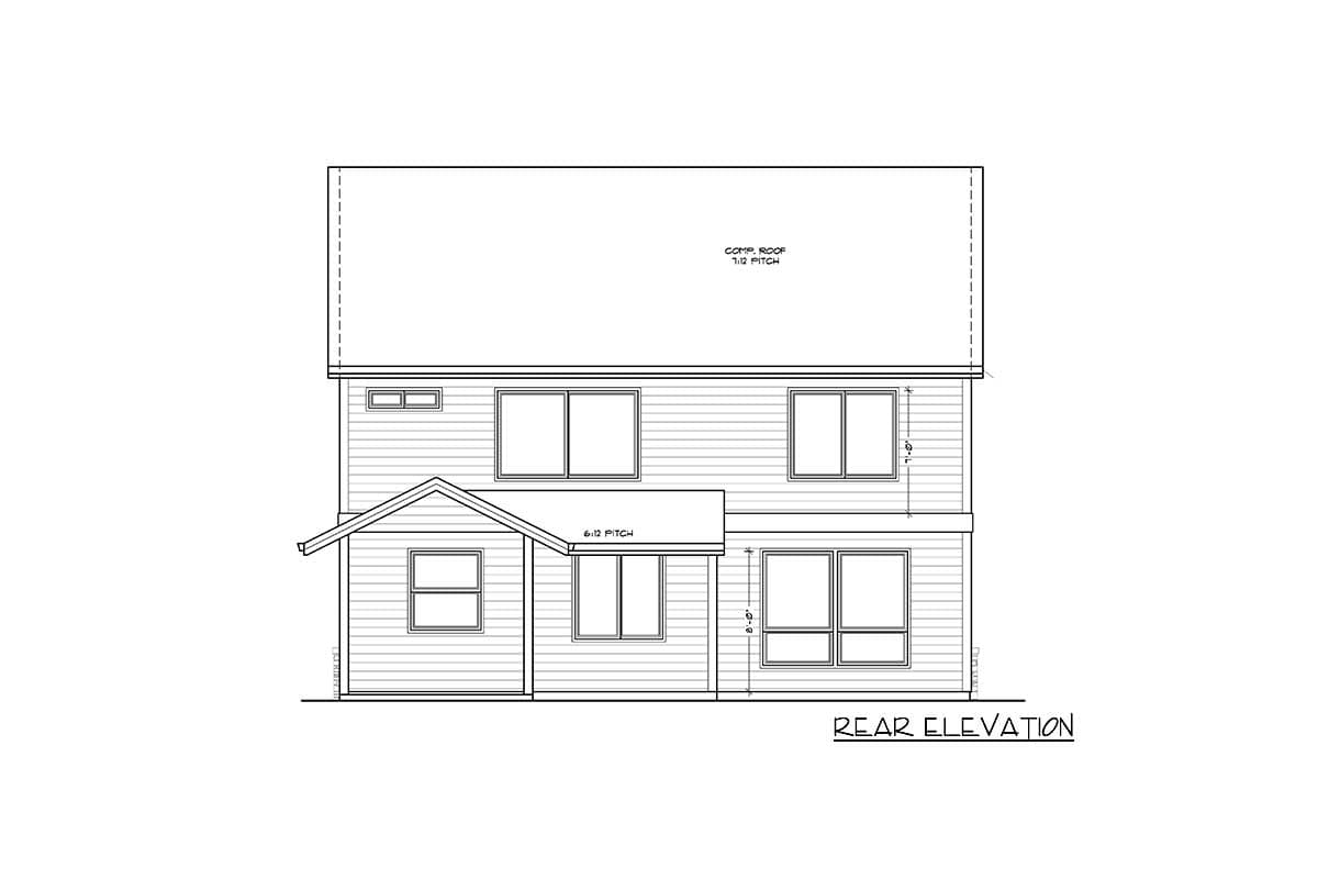 Rear elevation drawing of a two-story house with horizontal siding, a gabled entry porch, and a flat roofline on the upper story.