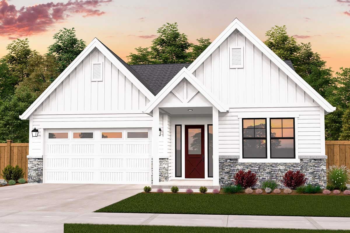 Modern Farmhouse style house plan exterior with white board and batten siding, stone base, covered entry, and gabled dormers.