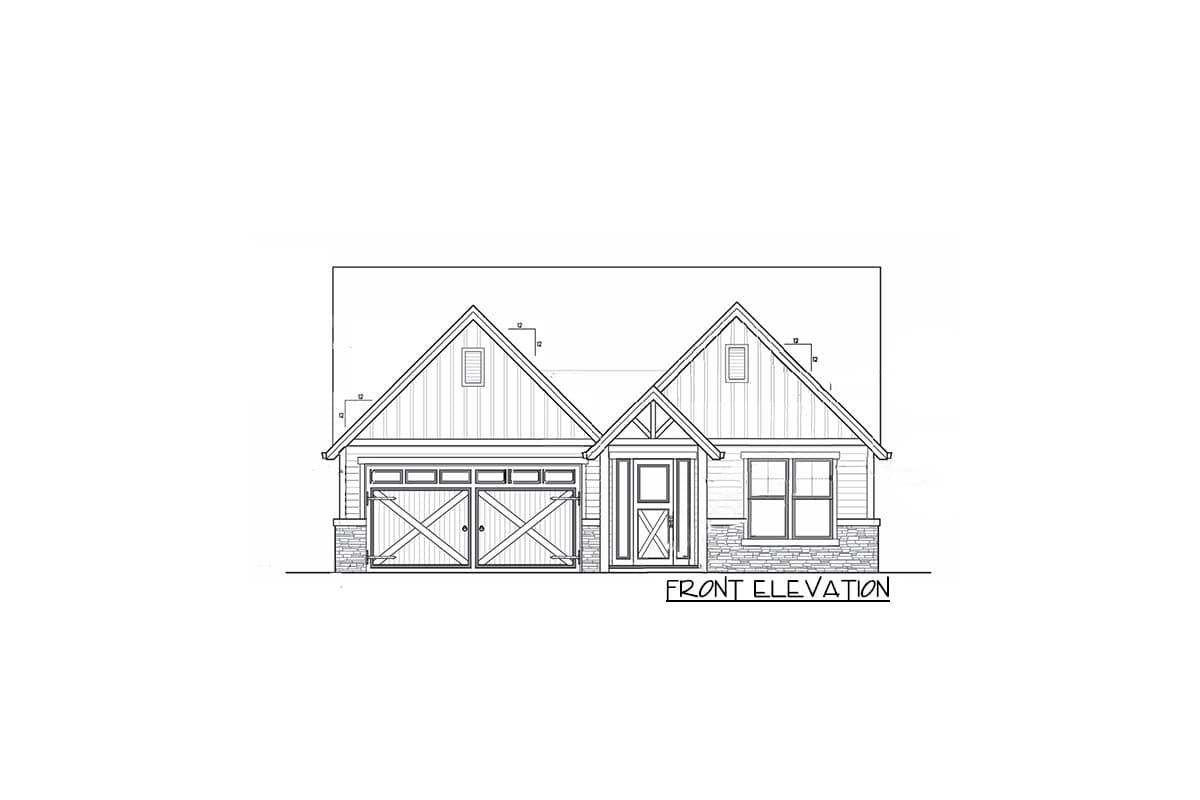 Front elevation drawing of a one-story house plan with a two-car garage, gabled dormer, and stone foundation.