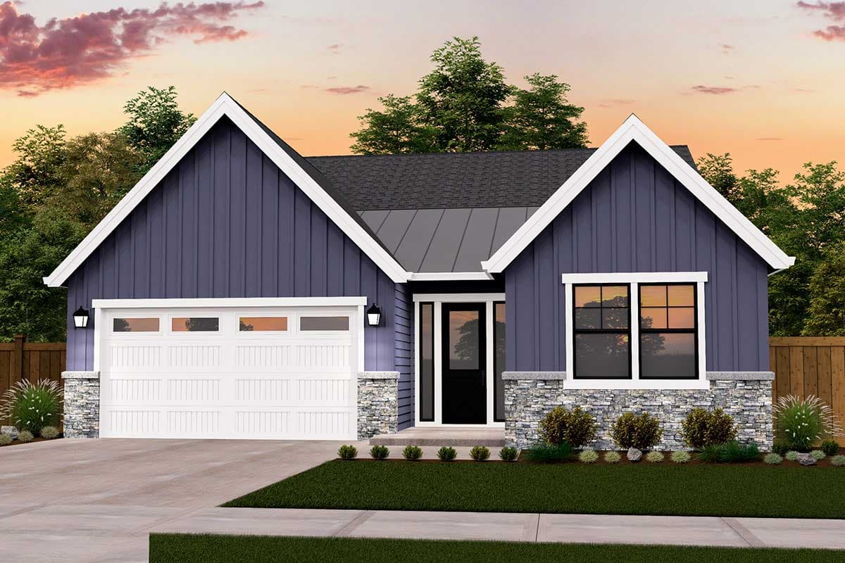 House plan exterior: Modern Farmhouse style, one story, featuring a prominent gable, board and batten siding, stone accents, and a two-car garage.