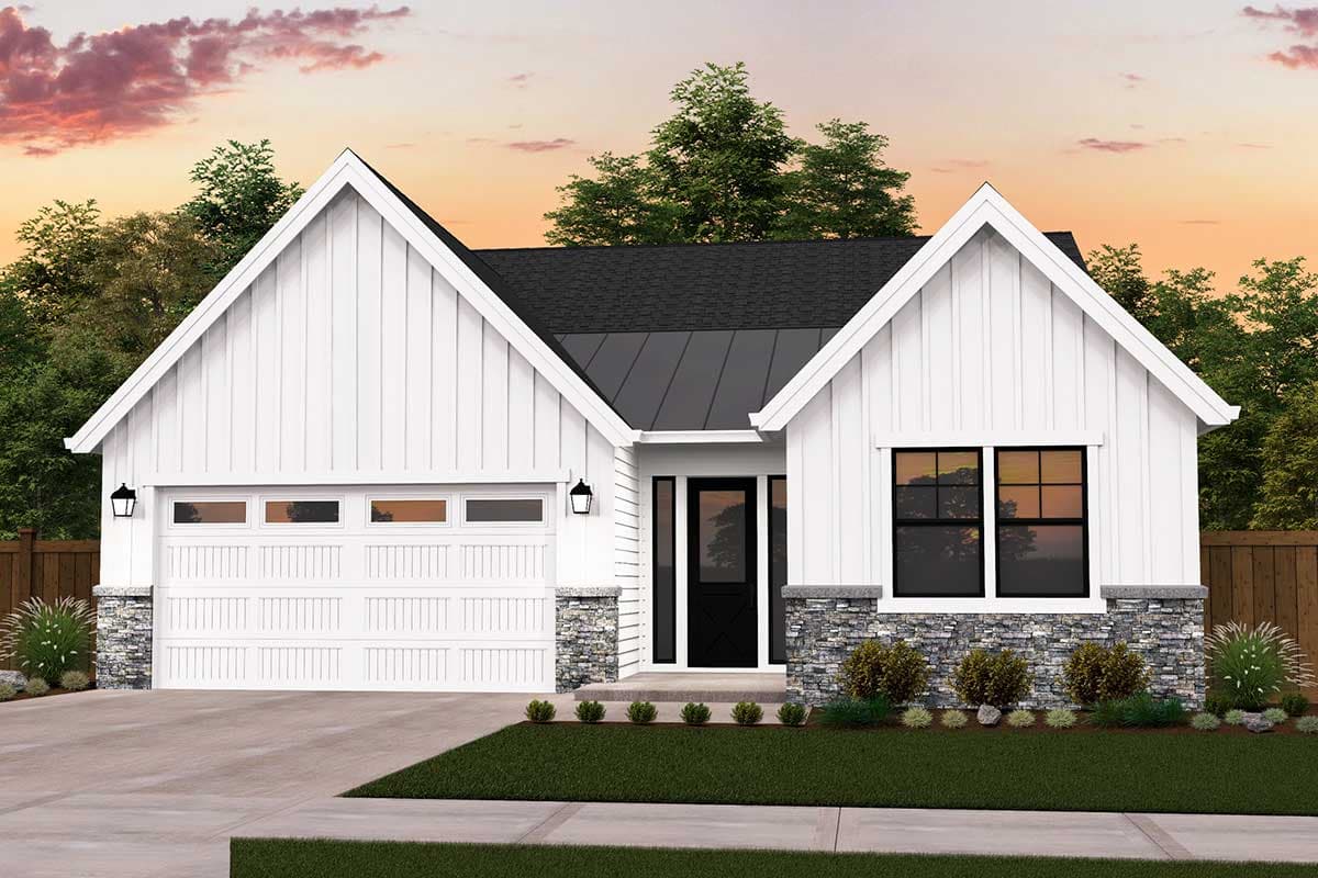 House plan exterior featuring a Modern Farmhouse style with a gabled roof, stone accents, and a garage door with multiple windows.