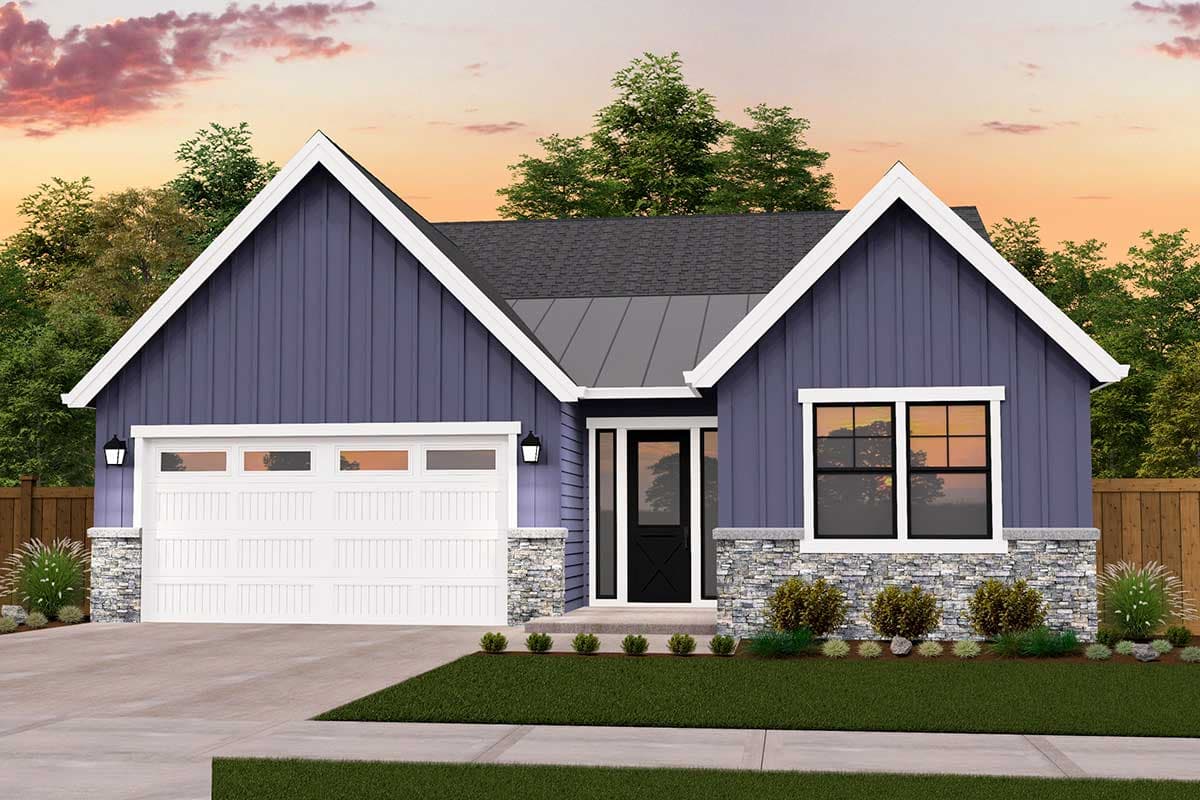 House plan exterior. Modern Farmhouse style with a single story, board and batten siding, gable roof, and a two-car garage.