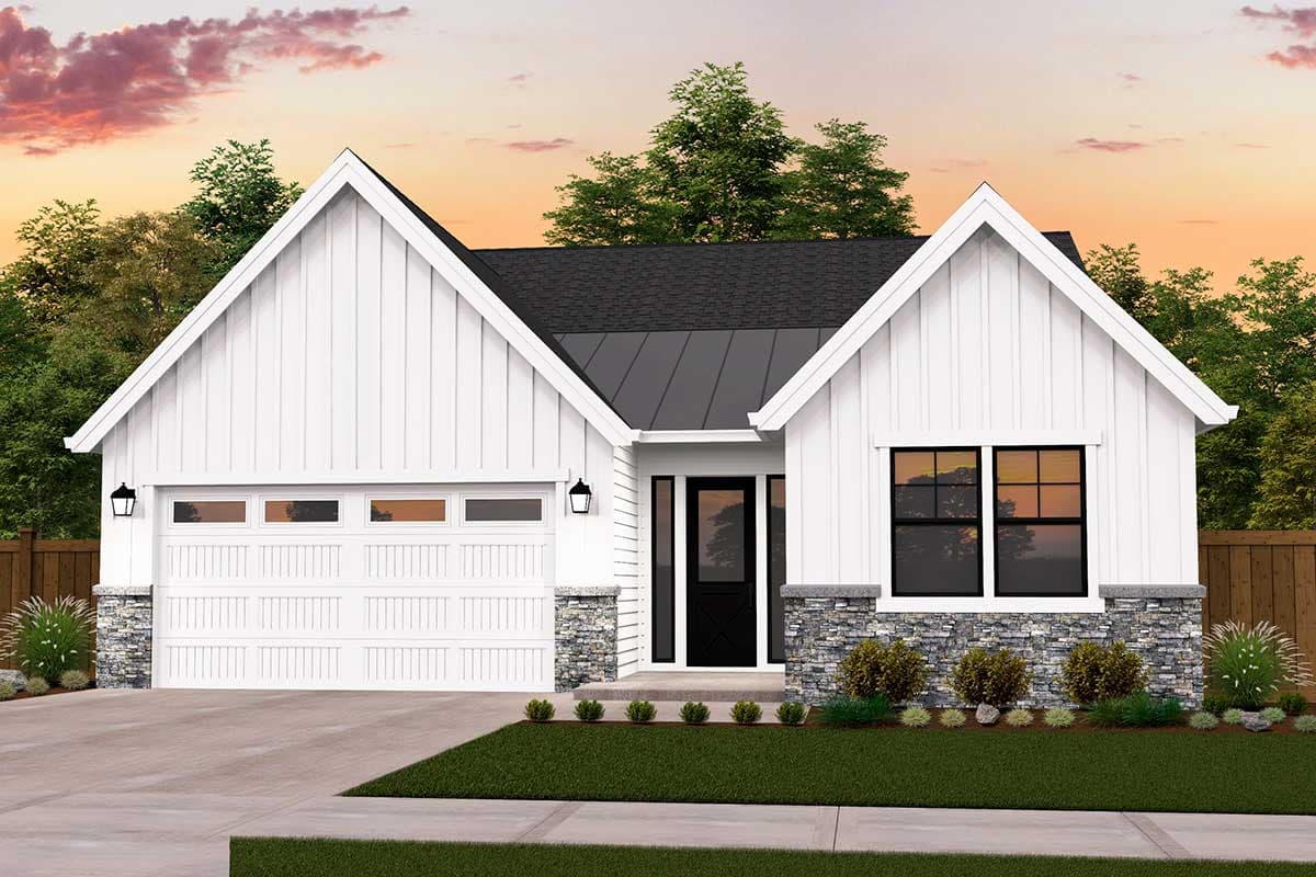 House plan exterior: Modern Farmhouse style, one story, white board-and-batten siding, stone base, prominent gables and garage.