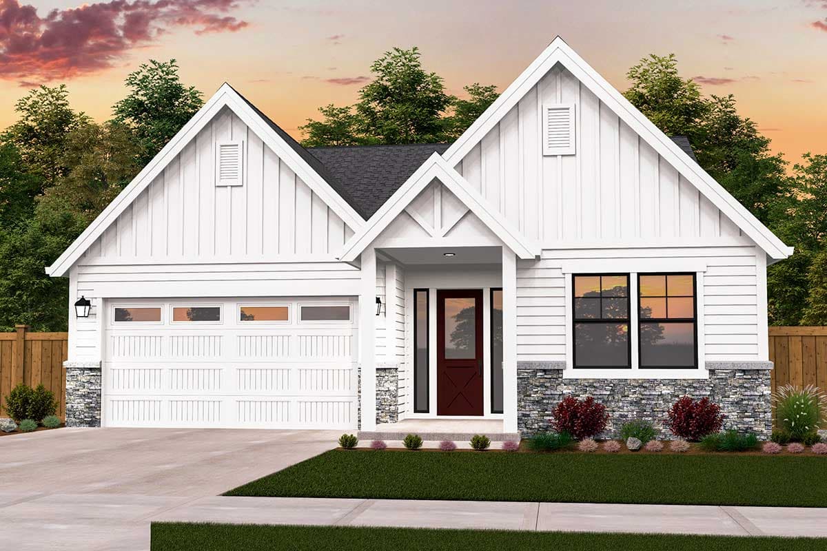 House plan exterior with Modern Farmhouse style. Features a gabled roof, stone accents on the facade, and an attached garage.