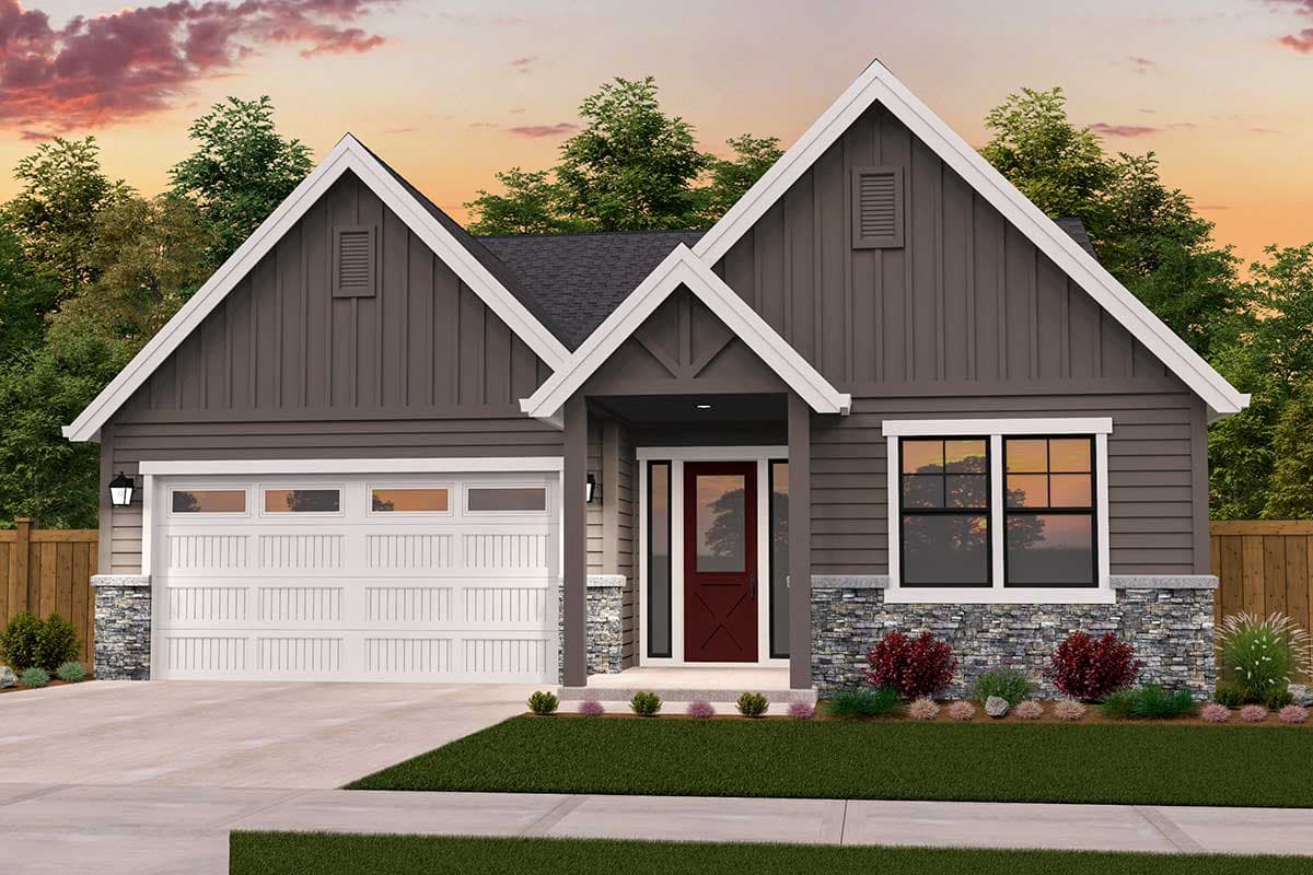 House plan exterior of a single-story home with a gabled roof, stone accents, and a two-car garage.