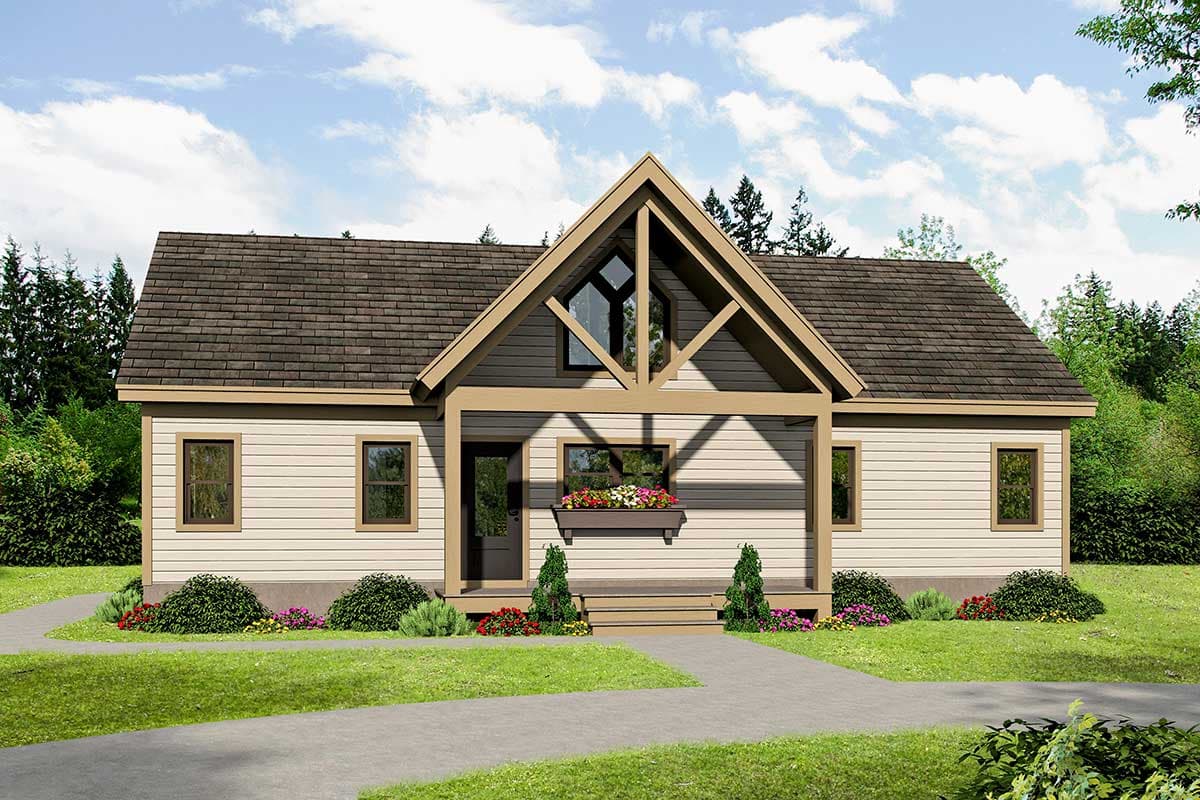 Log cabin style house plan exterior with exposed rafter tails, a prominent gable with unique window, and a covered front porch with support beams.
