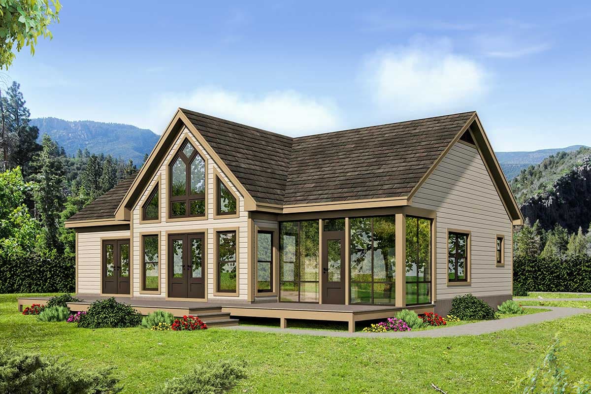 House plan exterior with two stories, gabled roof, large window, and wrap-around deck.