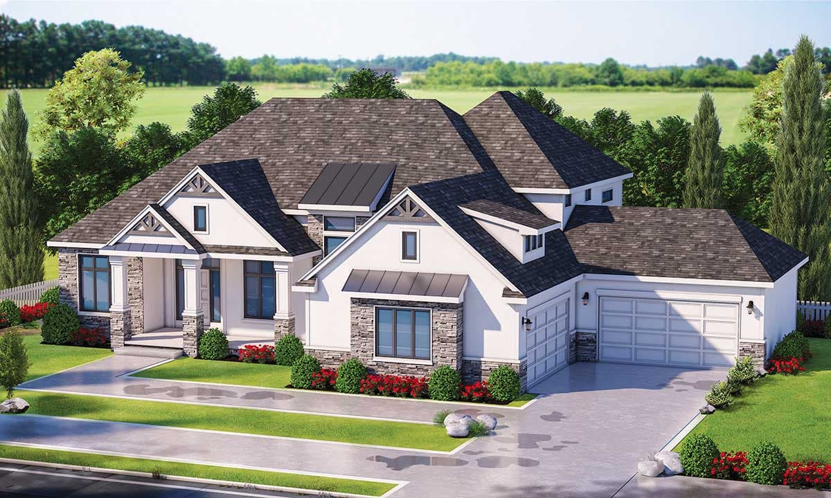 House plan exterior with gable accents, stone siding, porch, and a three-car garage.
