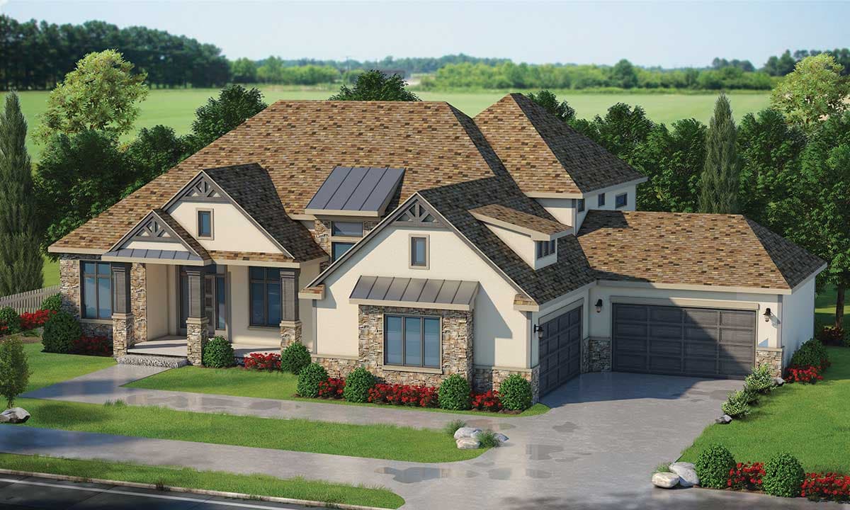 House plan exterior with stone accents, gabled roof, and attached garage. Includes a covered porch, multiple dormers, and varied rooflines.