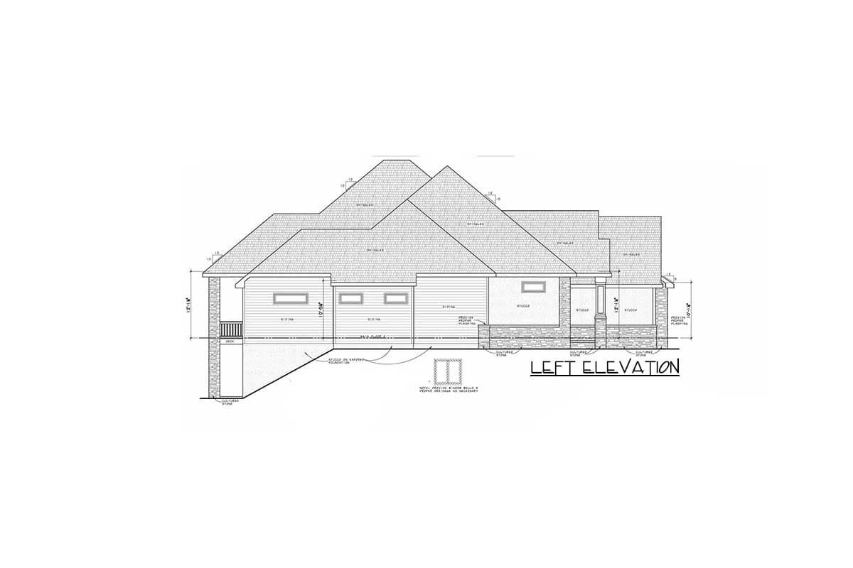 Left elevation architectural drawing of a house plan with siding and stone accents, showing rooflines and window placements.