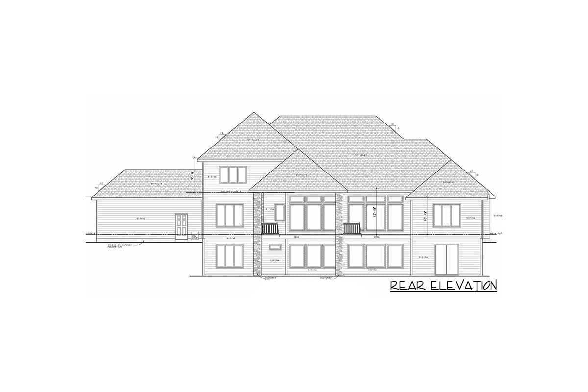 Rear elevation of a multi-story house plan featuring a gabled roof, numerous windows, a side garage, and a deck.