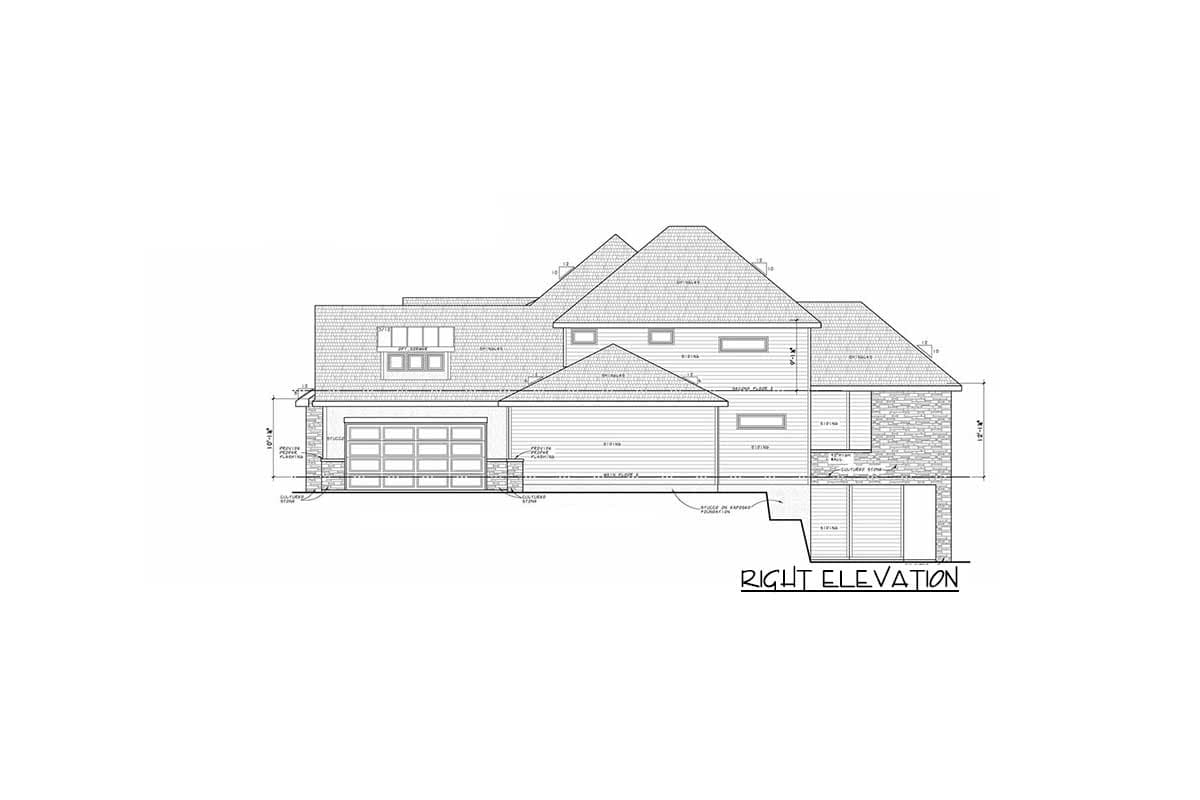 Right elevation drawing of a two-story house plan featuring a three-car garage, gables, dormers, and stone accents.