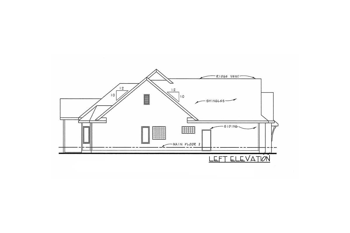 Left elevation drawing of a house plan, showing rooflines, windows, siding, and main floor level.