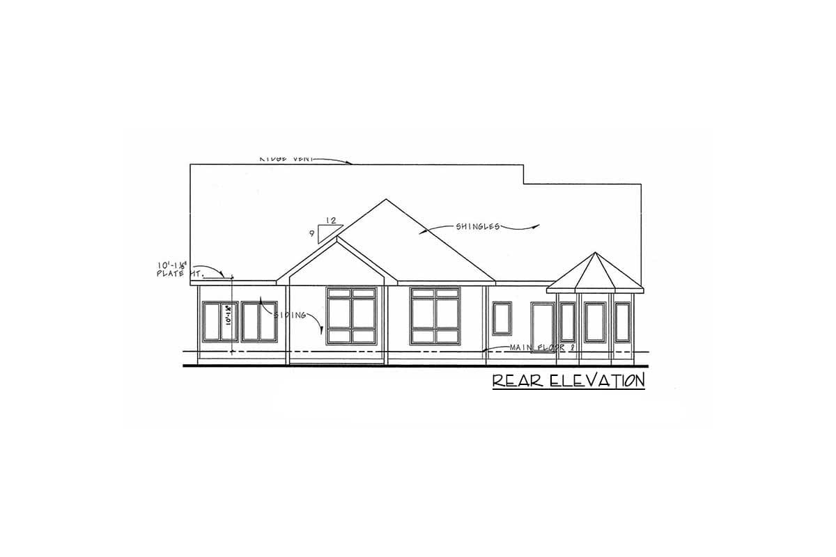 Rear elevation drawing of a house plan showing siding, multiple windows, and a prominent gable roof with shingles.
