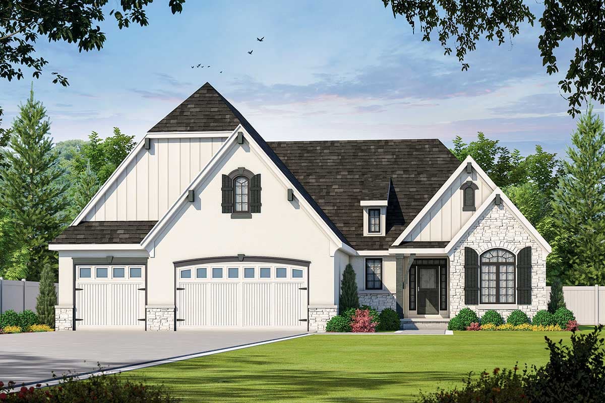 House plan exterior. Modern Farmhouse style with a two-car garage, multiple gables, stone accents, and decorative shutters on windows.