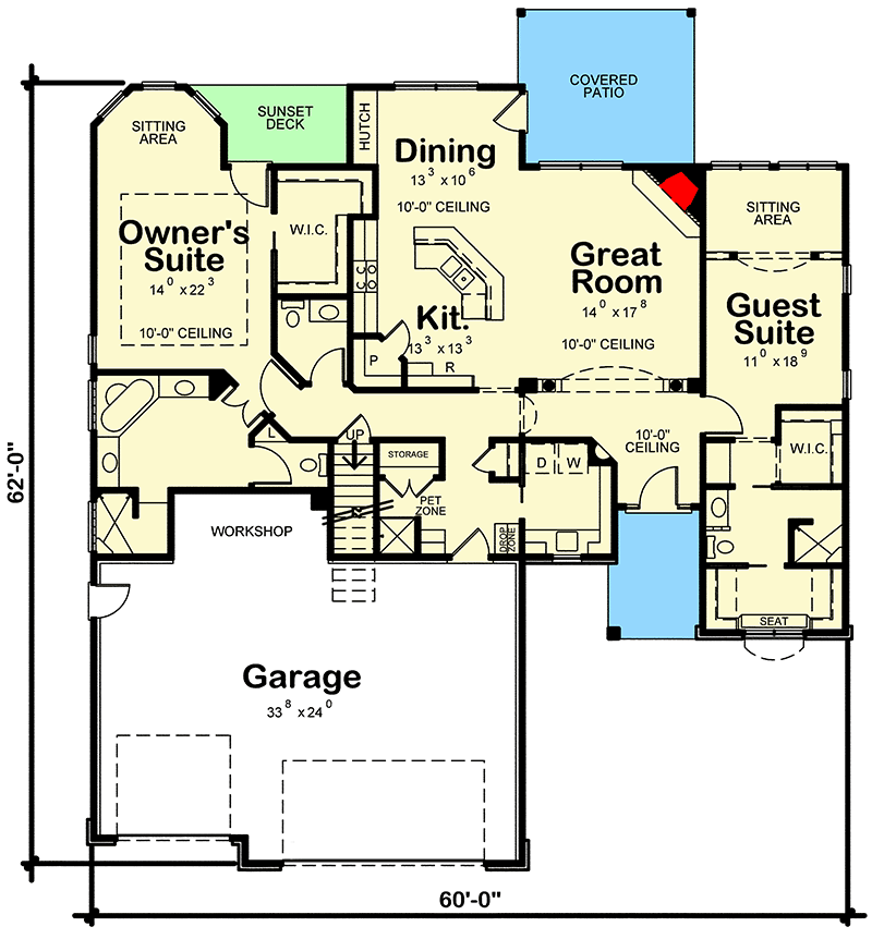 Plan 42536DB: Two-Bed House Plan with Options - Floor Plan - Main Level - European, Traditional, Transitional