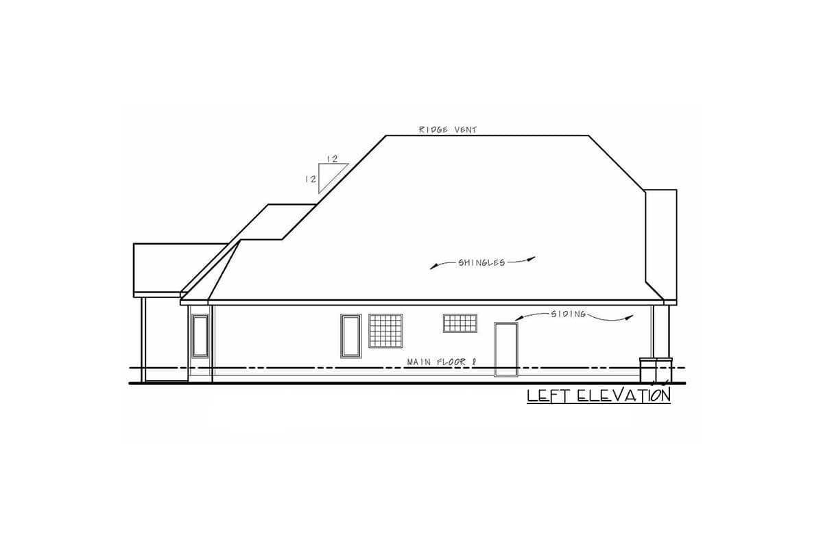 Left elevation drawing of a house plan, showing varied roof pitches, siding, and windows on the main floor.