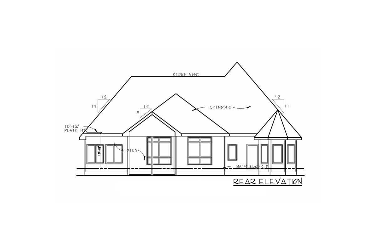 Rear elevation drawing of a house plan, showing varied roof pitches, multiple windows, and siding.