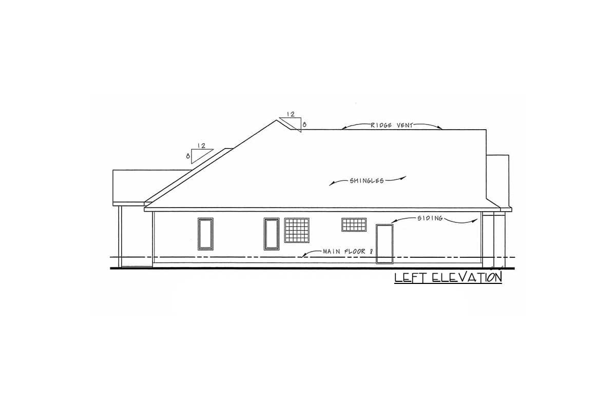 Left elevation house plan showing siding, shingles, ridge vent, main floor line, and window placement.