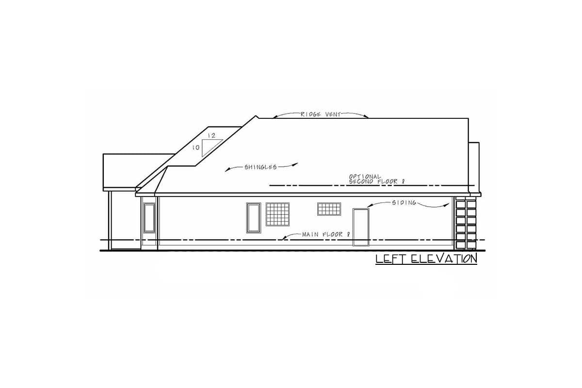 Left elevation architectural drawing showing a house with shingles, siding, ridge vent, and an optional second floor.