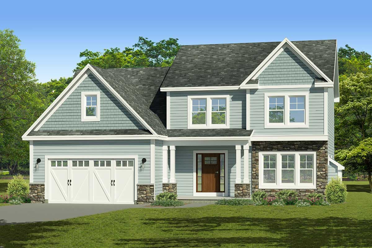 House plan exterior with two stories. Features include a gabled roof, stone accents, multiple windows, and a front entry porch.