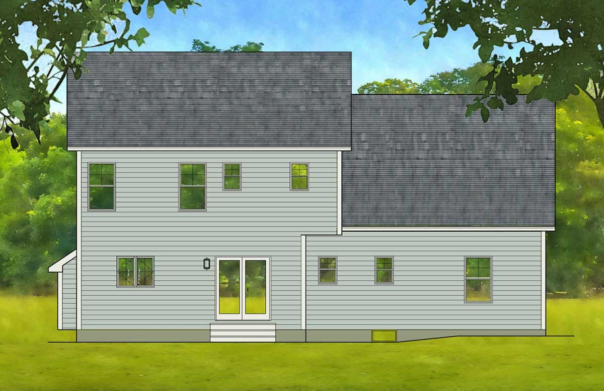 House plan exterior: Two-story home with hip roof, double glass doors, and multiple windows.