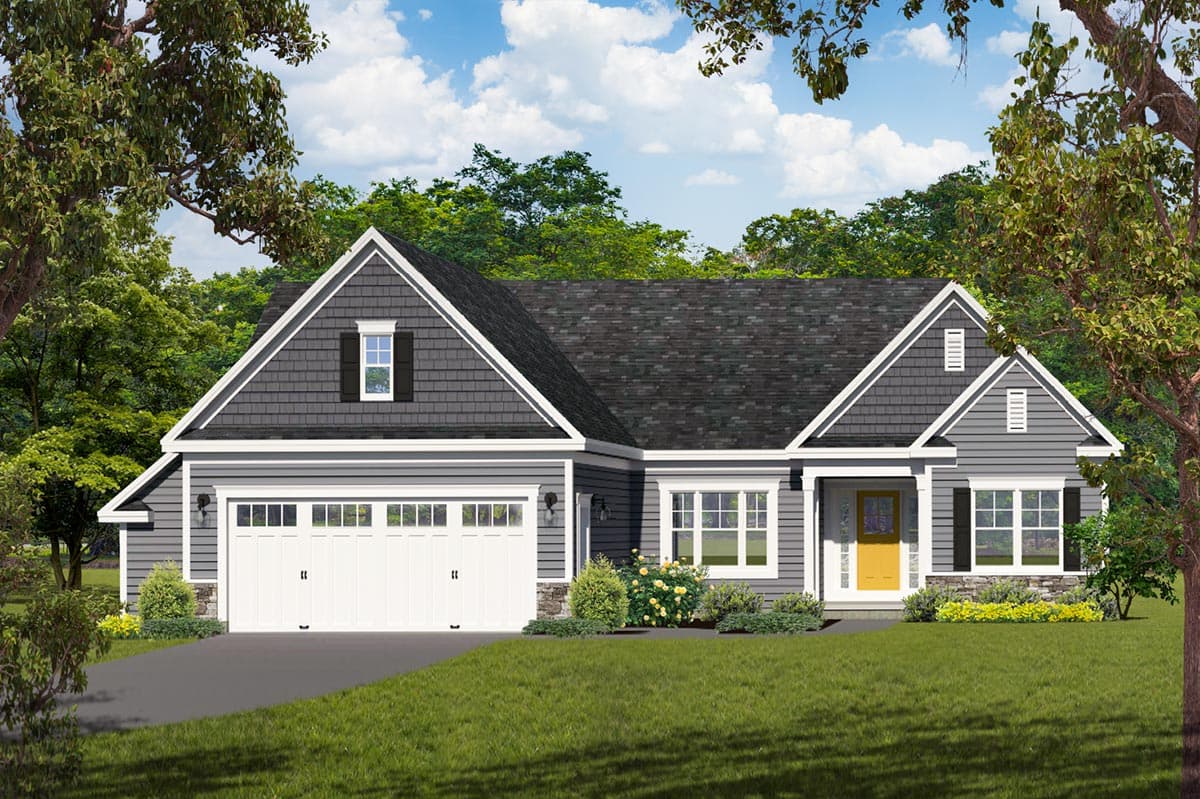 House plan exterior featuring a single-story design, gabled roof, and a front-facing garage. The entry has a small porch and an accent door.