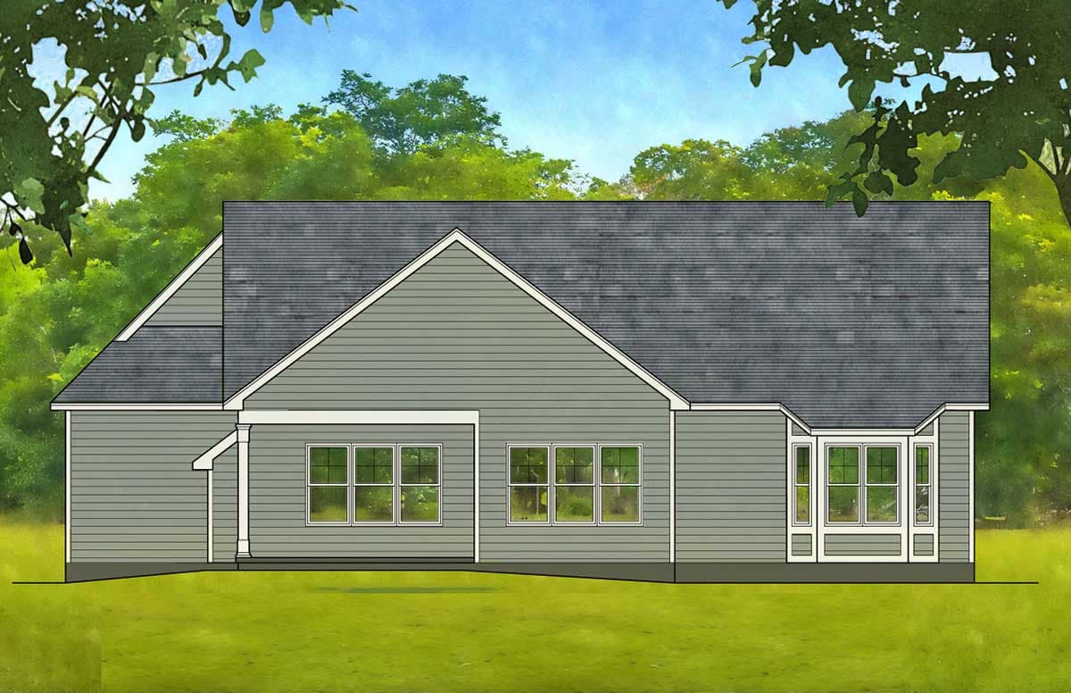 House plan exterior, single-story with intersecting gables, siding, and bay window.